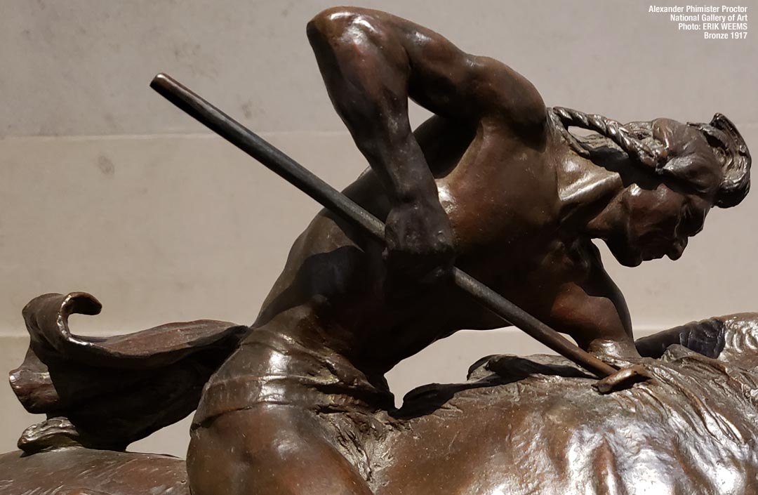 Clcik to enlarge - detail close up of Buffalo Hunter bronze by Alexander Philmister Proctor 1917 Detail close up of Buffalo Hunter bronze by Alexander Philmister Proctor 1917