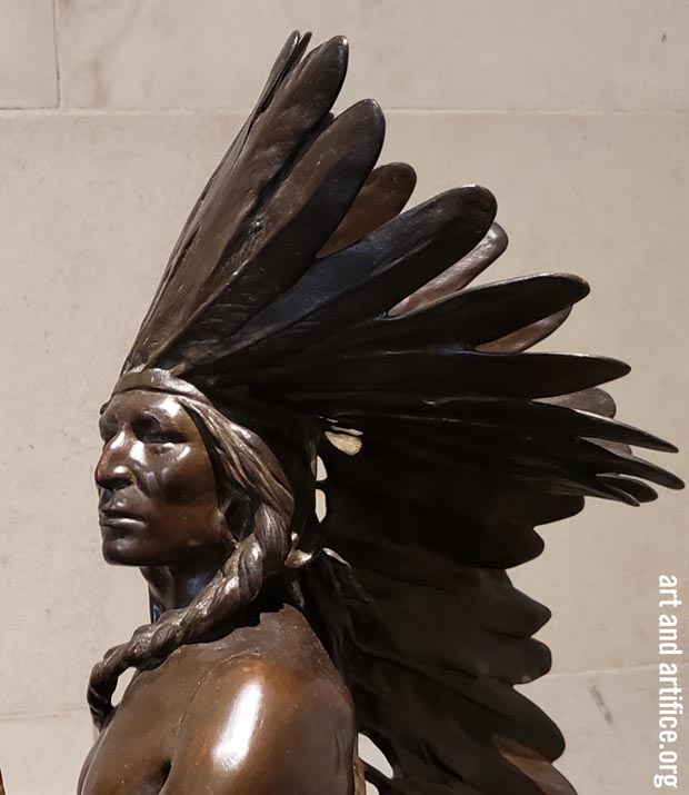Detail of Indian Warrior head - bronze cast of sculpture by Alexander Phimister Proctor